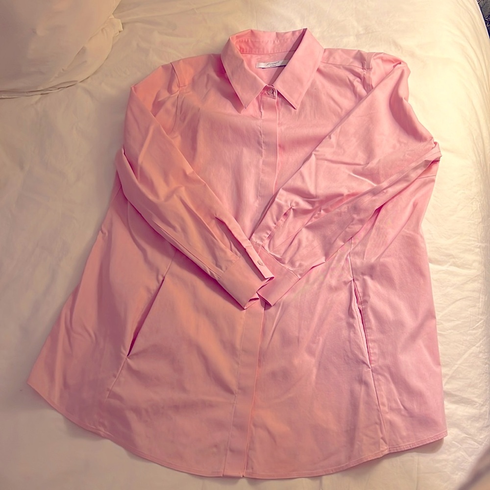 Foxcroft collared Oxford Shirt with Hidden Placket. Light Pink. 14W